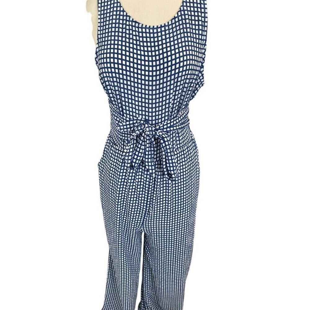 NWT LUSH Check Jumpsuit Medium Blue and White Wide Leg Crepe Sleeveless